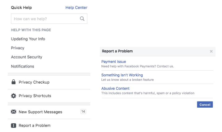 facebook report bug