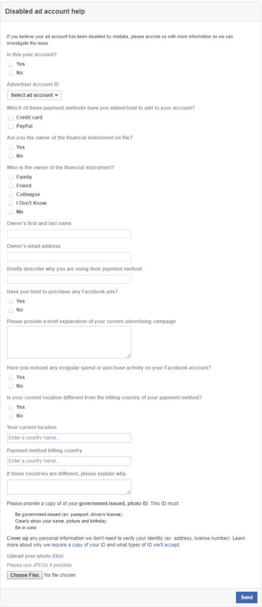 Contact Facebook about disabled ad account