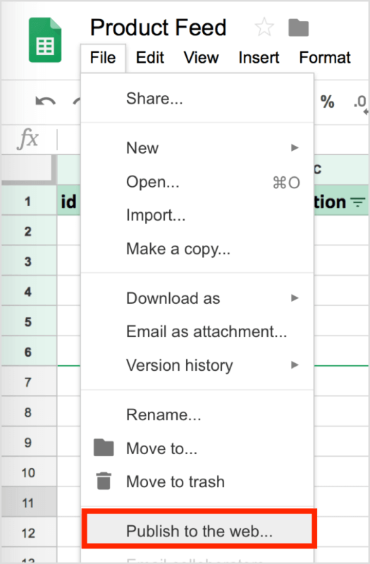 Create a product feed wiith google sheets and publish to web