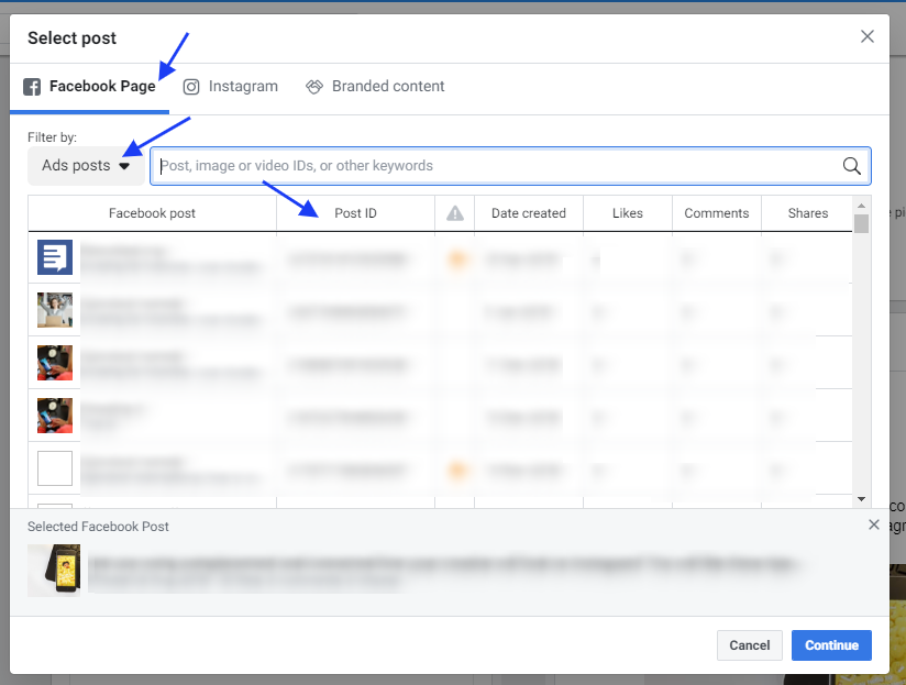 How to maintain social proof on facebook ads - Ad posts select post id