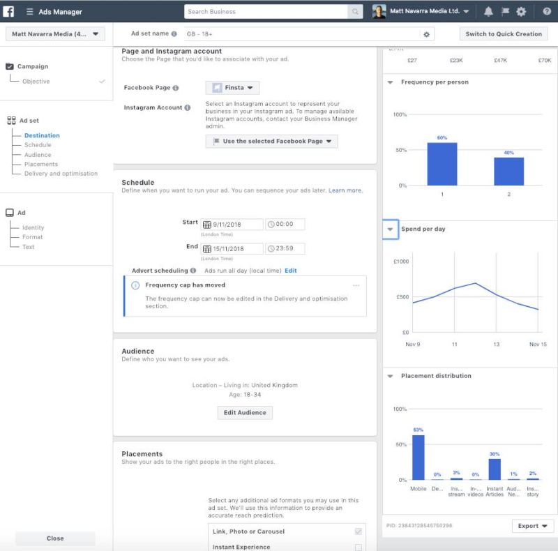 New Facebook Ad Manager interface frequency spend per day placement distribution