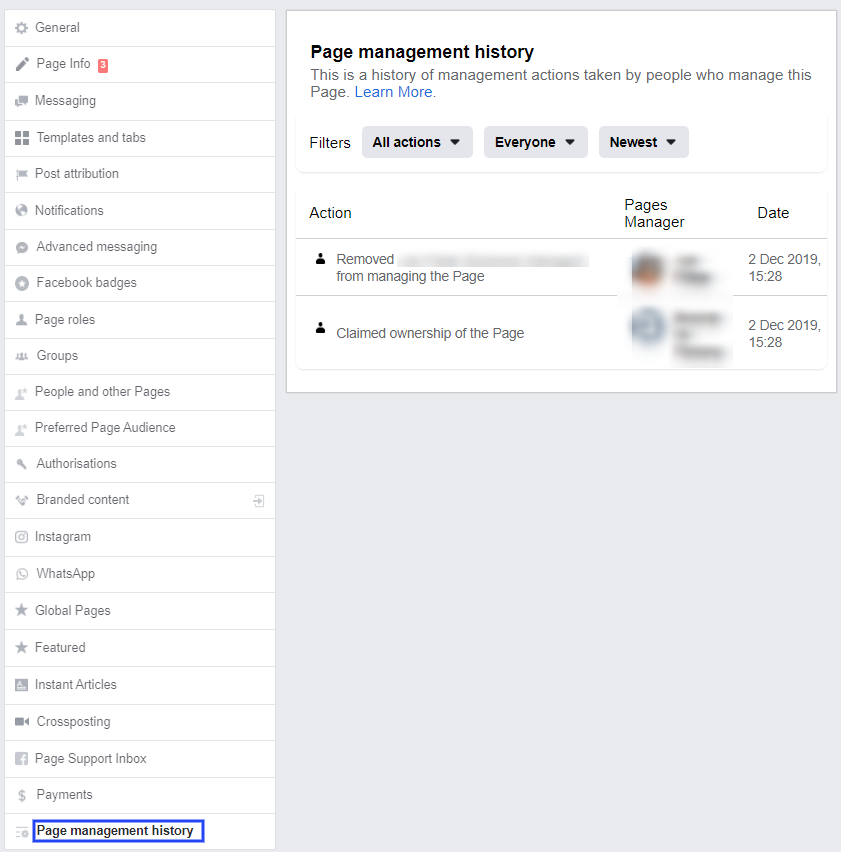 Page management history - Facebook Page