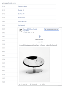 Propracovaná historie na facebookové stránce Bang & Olufsen